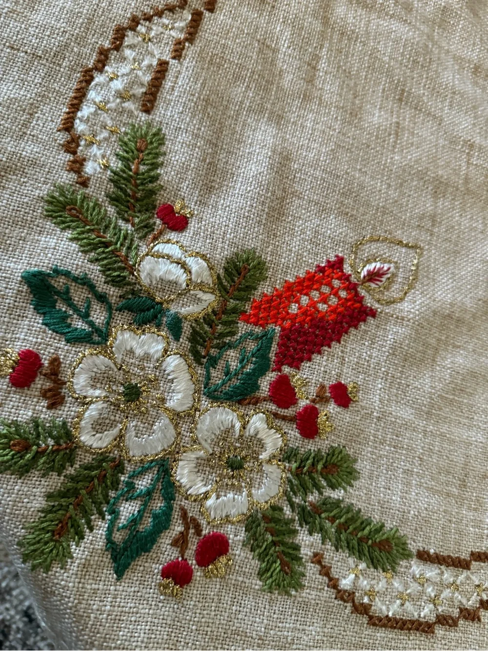 Vintage Christmas Tablecloth 33x33 Embroidered Candles Floral Lace Trim Holiday